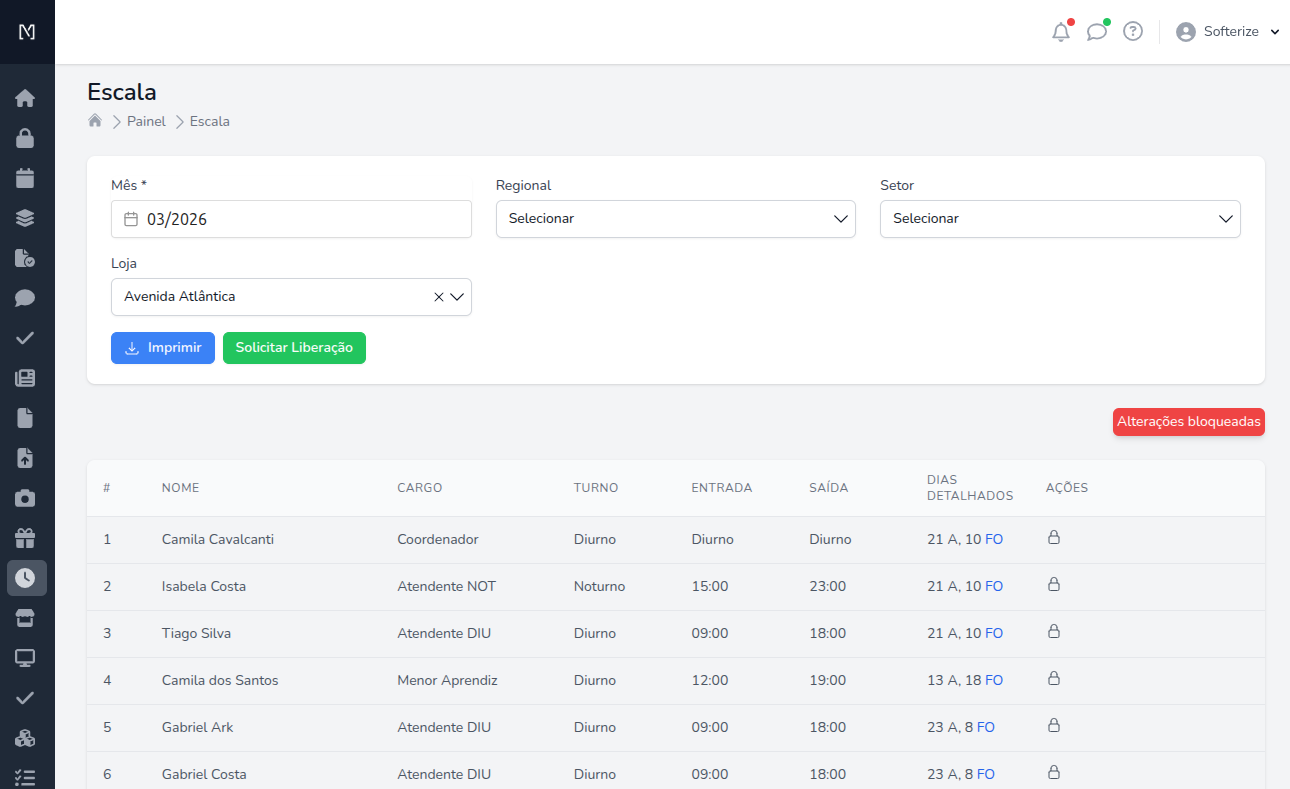 Escala de trabalho completa por unidade